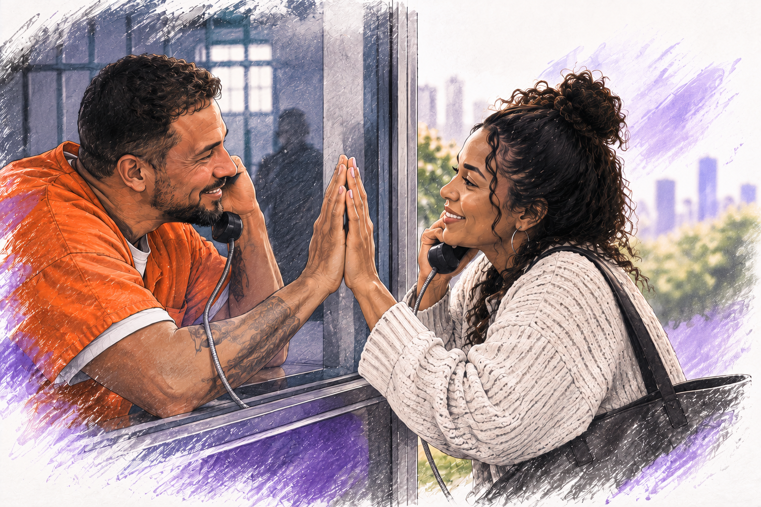 Incarcerated man and visitor connecting through a visitation window